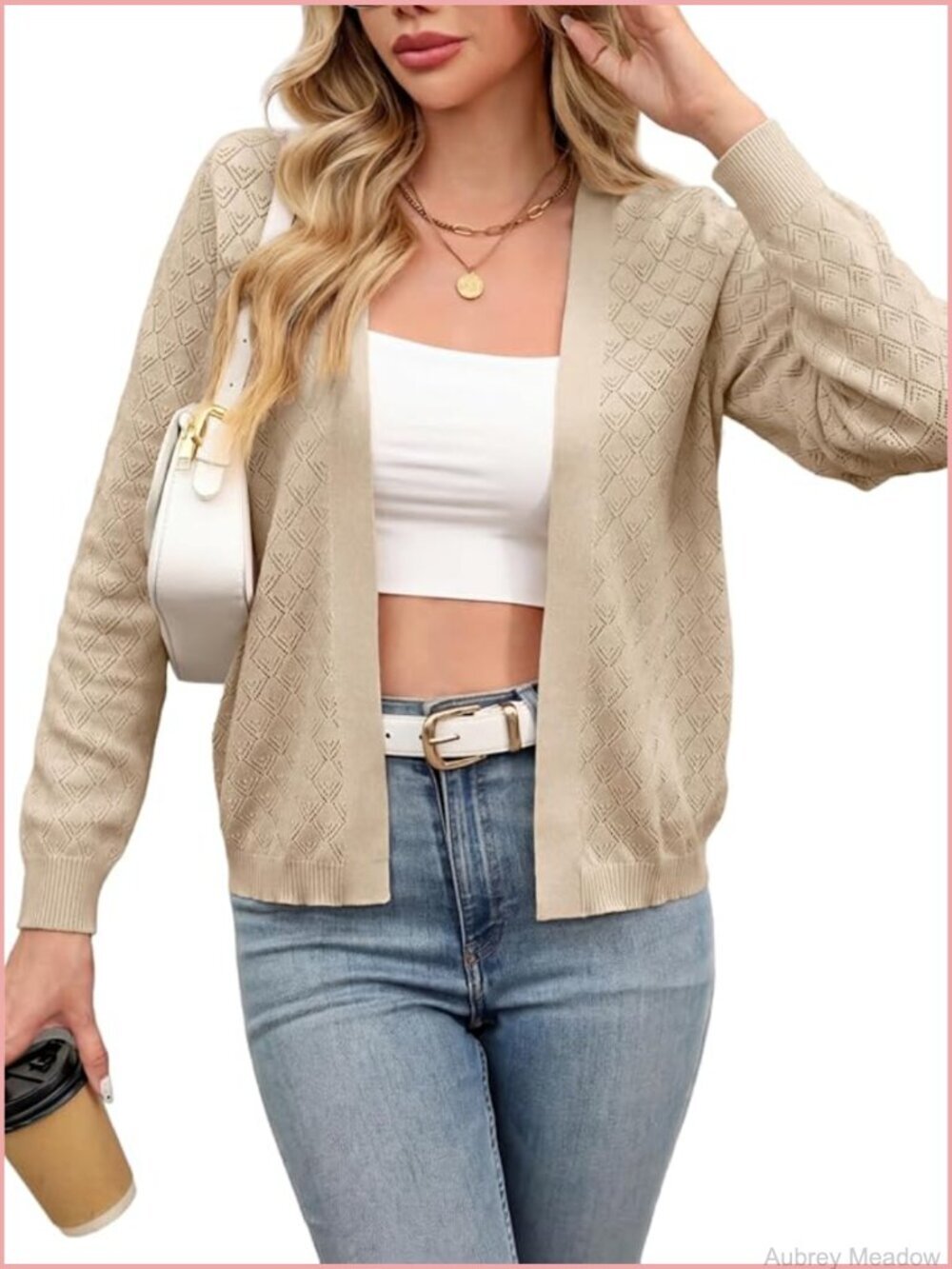 Lightweight Crochet Open Front Crop Cardigan Long Sleeve V-Neck